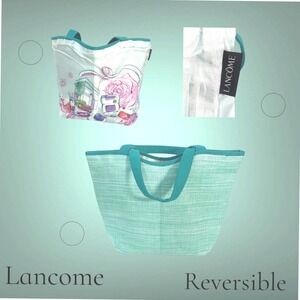 LANCÔME‎ Paris Teal Green Floral Lined Reversible Tote Bag